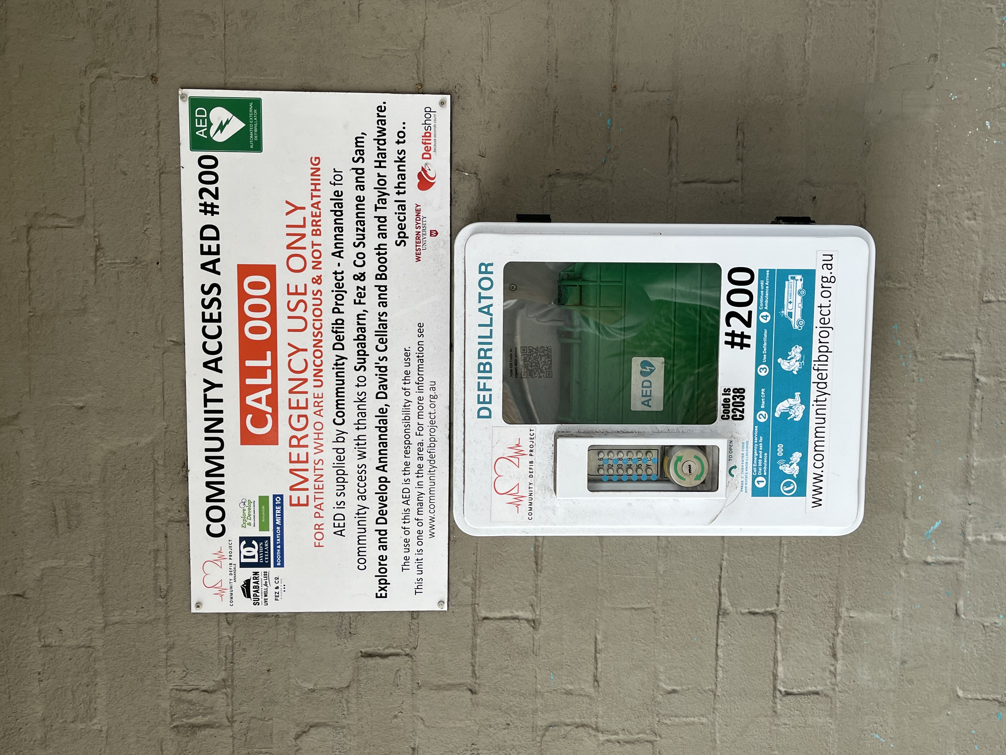 AED 200 cabinet and community access signage in Annandale